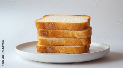 Golden toasted white bread slices artfully arranged on a pristine ceramic plate, emphasizing simplicity and warmth in a cozy kitchen setting