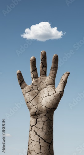 A giant stone hand reaches towards a floating cloud in the sky