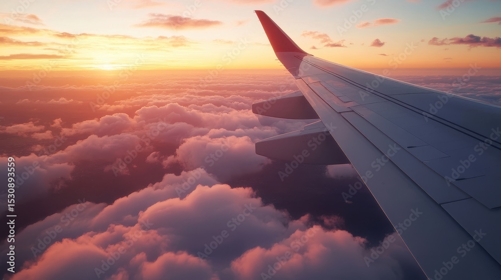 Obraz premium Breathtaking sunrise view from an airplane window, showcasing soft golden hues and serene cloud formations, capturing a moment of tranquility in the sky