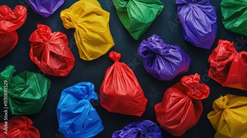 Colorful chaos of tightly tied plastic garbage bags creates a striking visual on a dark backdrop showcasing bold hues