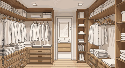 Walk-in Closet Design with Light Wood Shelving and Organized Space for Home Decor Websites, Interior Design Blogs, Storage Solutions, and Lifestyle Articles