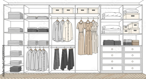 Walk-in Closet Line Art Design with Organized Shelving and Herringbone Floor for Home Decor Blogs, Interior Design Websites, and Organization Tips
