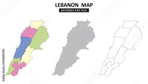 Lebanon map variations are colour coded by regions, solid grey silhouette and outlined with regional borders.	
