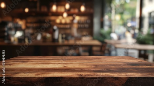 Warm wooden tabletop inviting moments of relaxation in a cozy coffee shop setting with blurred modern decor
