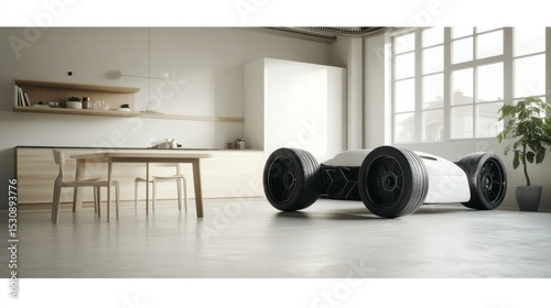 A sleek, white, futuristic vehicle rests in a minimalist, bright kitchen-living space, showcasing a contrast between advanced technology and simple domesticity