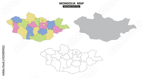 Mongolia map variations are colour coded by regions, solid grey silhouette and outlined with regional borders.	
