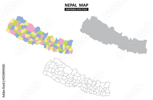 Nepal map variations are colour coded by regions, solid grey silhouette and outlined with regional borders.	

