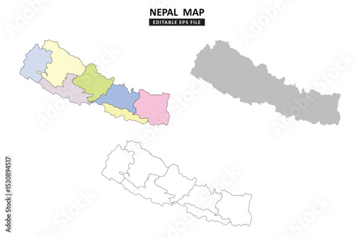 Nepal map variations are colour coded by regions, solid grey silhouette and outlined with regional borders.	
