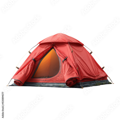 Adventure tent setup at campsite red tent with transparent background nature outdoor close-up view camping concept