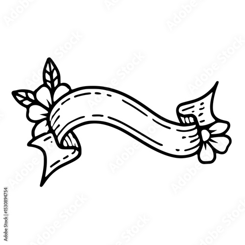 Traditional black and white tattoo with banner and flower elements