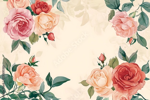 Rose Flower Border with Cream Background, Pink, Peach and Red Roses