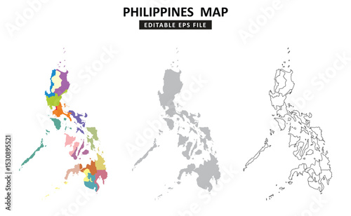 philippines map variations are colour coded by regions, solid grey silhouette and outlined with regional borders.	
