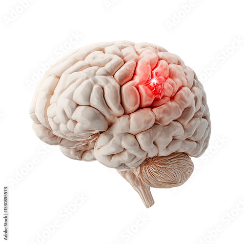 Human brain with red highlight indicating an issue on transparent background