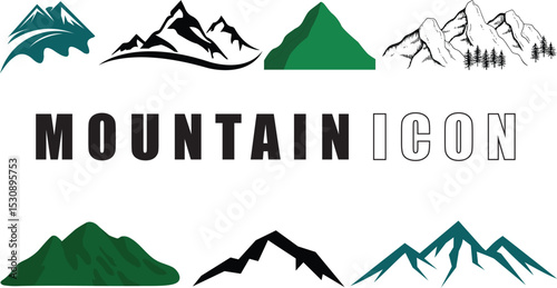 Mountain icon, hills, mountain peak, Everest vector icon set design