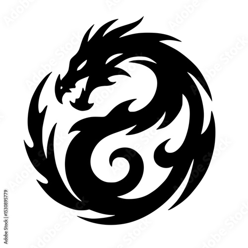 Round tribal dragon tattoo design in black and white graphic style
