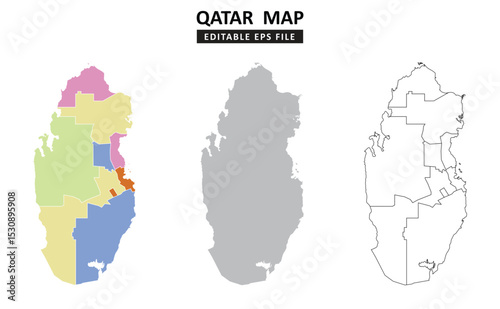 Qatar map variations are colour coded by regions, solid grey silhouette and outlined with regional borders.	
