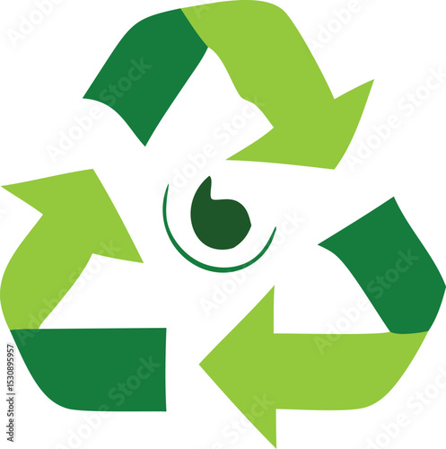 Green recycling symbol with central eye graphic design element