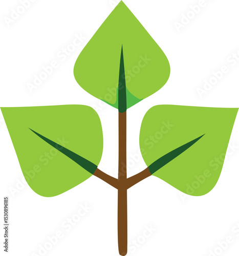 Simple illustration of a young plant with three bright green leaves and a brown stem