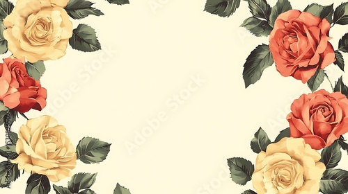 Watercolor Rose Border with Peach and Yellow Flowers on a Cream Background