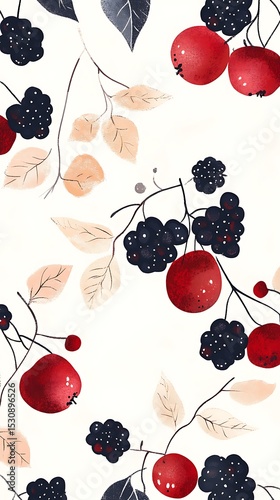 Whimsical Fruit Pattern Red Apples and Blueberries on a Creamy White Backdrop