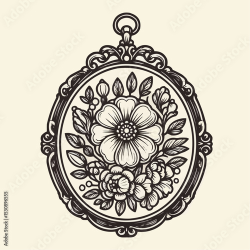 floral pendant design, vintage style, intricate details, jewelry illustration