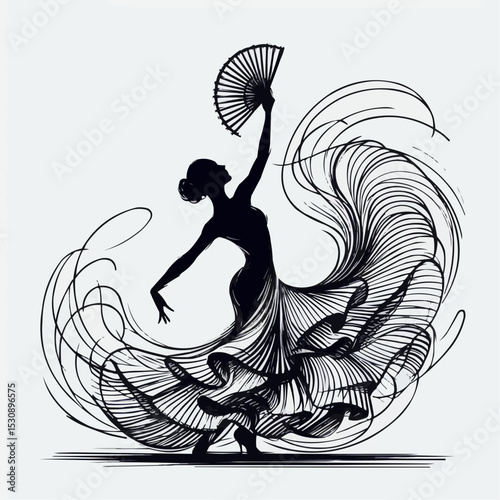 flamenco dance silhouette illustration, expressive movement, elegant dress, artistic performance
