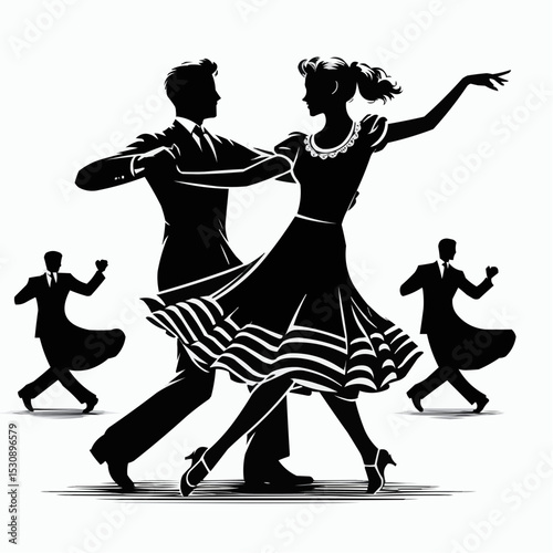 swing dance couple illustration, lively movement, joyous atmosphere, expressive performance
