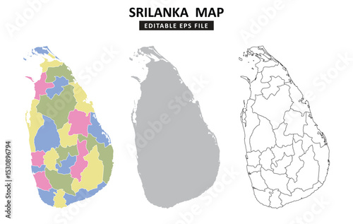 Srilanka state map variations are colour coded by regions, solid grey silhouette and outlined with regional borders.	
