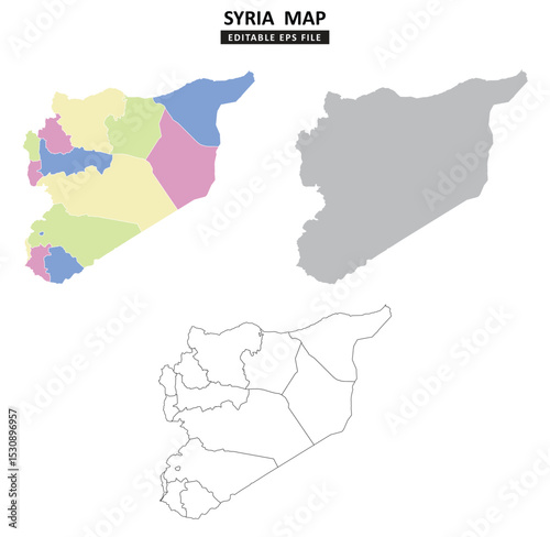 Syria map variations are colour coded by regions, solid grey silhouette and outlined with regional borders.	
