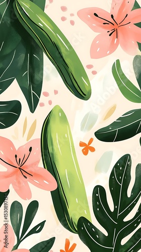 Abstract Floral and Leaf Pattern with Pink Lilies and Green Leaves
