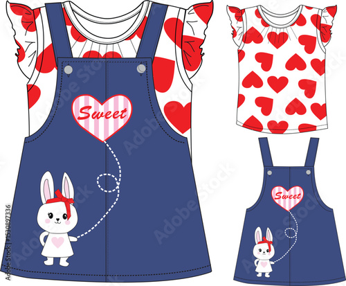 girls dungaree skirts cute bunny print illustrations vector art.