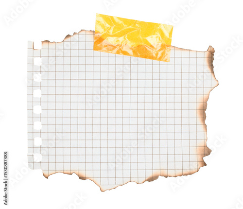 Blank sheet of paper burnt at the edges attached by adhesive tape, isolated on transparent background. Office and vintage blank paper concept