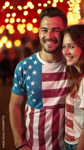 A couple shows off their patriotic spirit in matching t-shirts featuring the American flag, smiling happily at a festive gathering