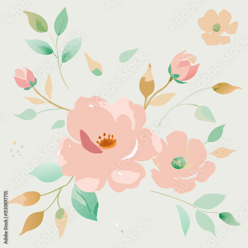 A delicate watercolor floral pattern in soft pinks, gentle greens, and splashes of gold, on a textured paper background.