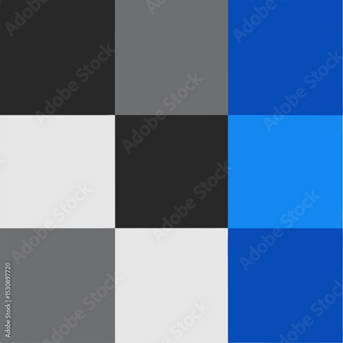 A minimalist grid pattern with alternating blocks of charcoal grey, crisp white, and a pop of electric blue.