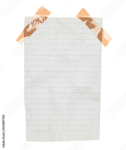 Crumpled sheet of notepad paper attached by adhesive tape, isolated on transparent background. Office blank paper concept
