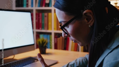 Asian Female Adult Using Computer in Cozy Home Office with Bookshelves                               