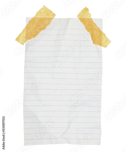 Crumpled sheet of notepad paper attached by adhesive tape, isolated on transparent background. Office blank paper concept