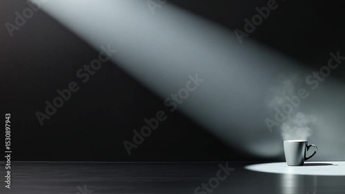 A steaming cup of coffee in a spotlight on a dark surface, creating a serene atmosphere