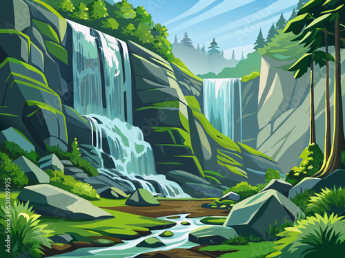 vector of At a low angle, Ramona Falls cascades over a mossy environment...