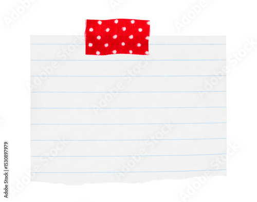 Torn sheet of notepad paper attached by adhesive tape, isolated on transparent background. Office blank paper concept