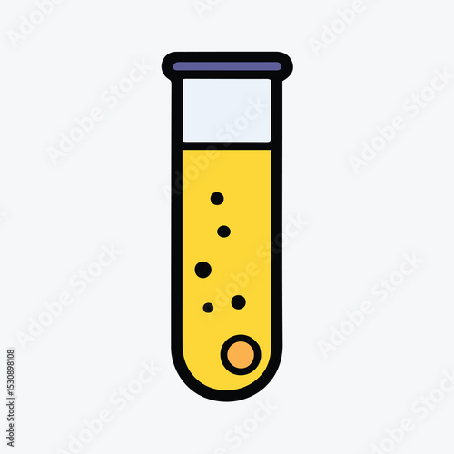 Yellow test tube with bubbles and a small orange circle at the bottom. Laboratory equipment for scientific research and analysis.