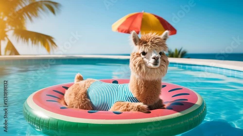 Alpaca in a watermelon floatie in a pool on a sunny day at a tropical resort.
