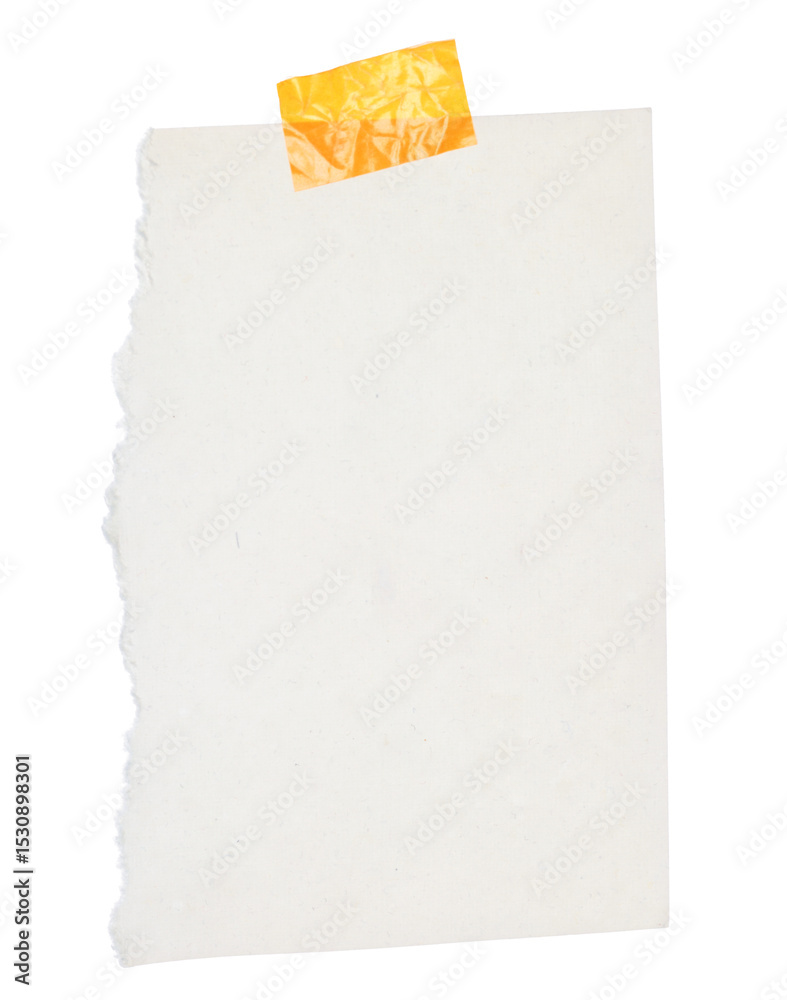 Fototapeta premium Torn sheet of notepad paper attached by adhesive tape, isolated on transparent background. Office blank paper concept