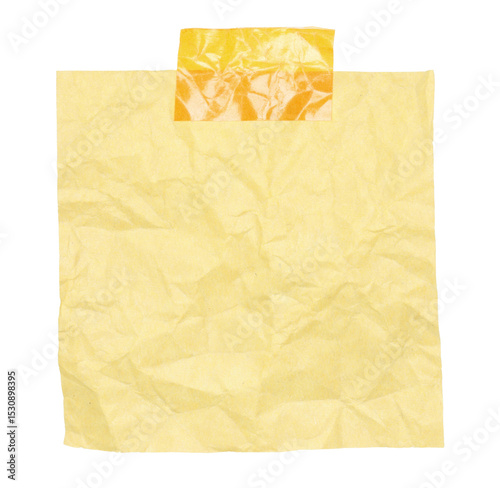 Crumpled blank sheet of paper for notes attached by adhesive tape, isolated on transparent background. Office blank paper concept