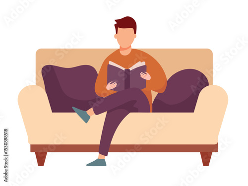 Man reading book, sitting on sofa. Flat vector clipart, illustration with isolated background.