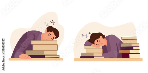 People sleep on books. Flat vector clipart, illustration with isolated background.