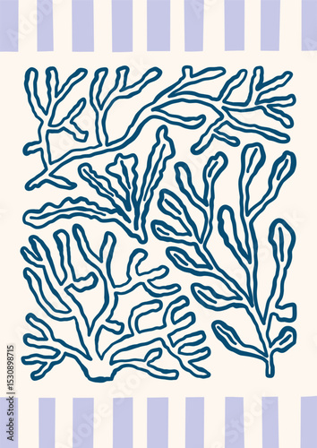 Underwater outline seaweeds, corals, florals vector illustration. Minimalist retro ocean poster design with sea plants