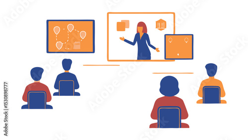 Online meeting with a presenter and attendees watching screens showing graphs and presentations at a distance