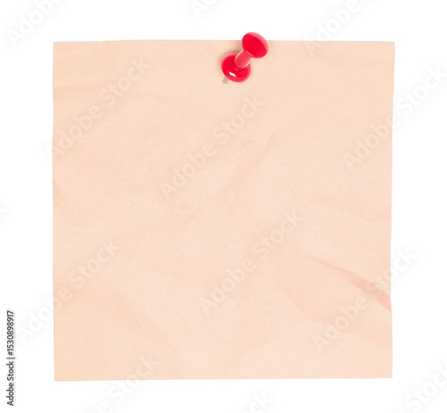 Blank crumpled sheet of paper for notes pinned by red pin, isolated on transparent background. Office blank paper concept